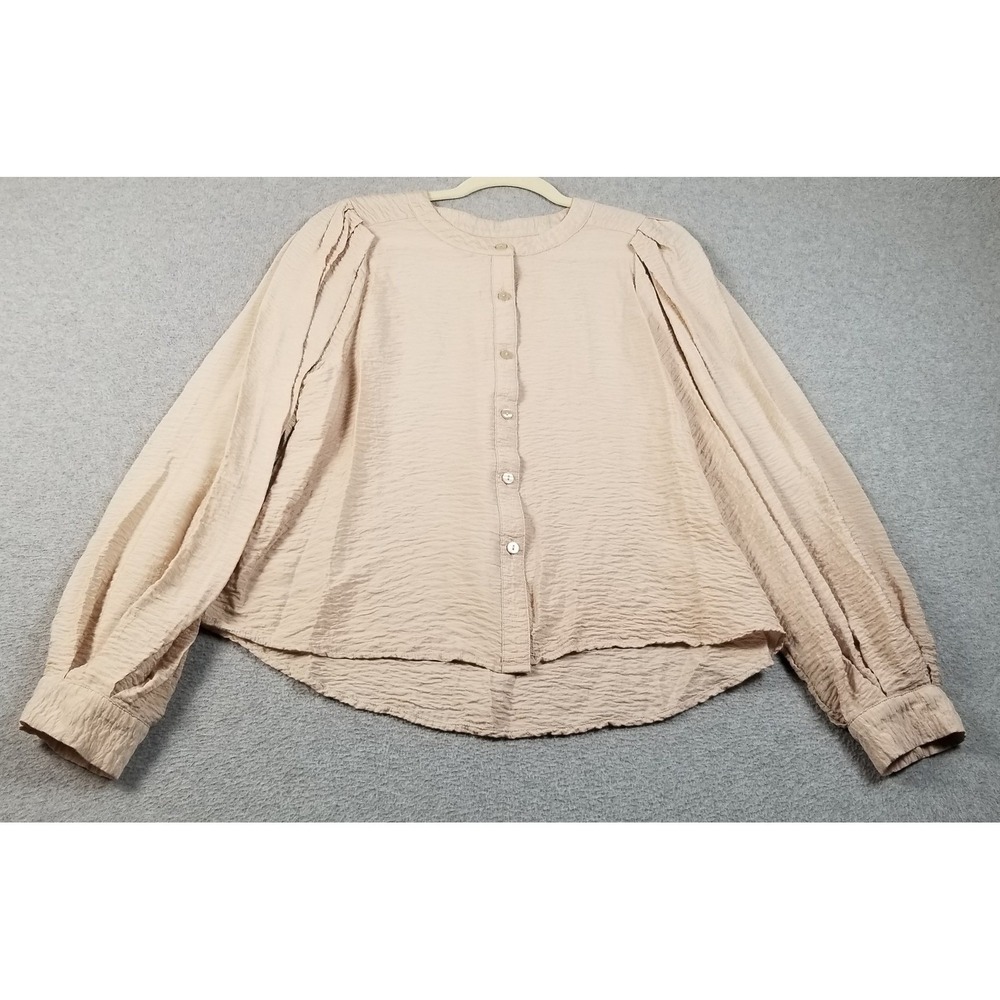 A New Day Button Down Shirt Womens Medium Beige Texture Crinkle Long Puff Sleeve